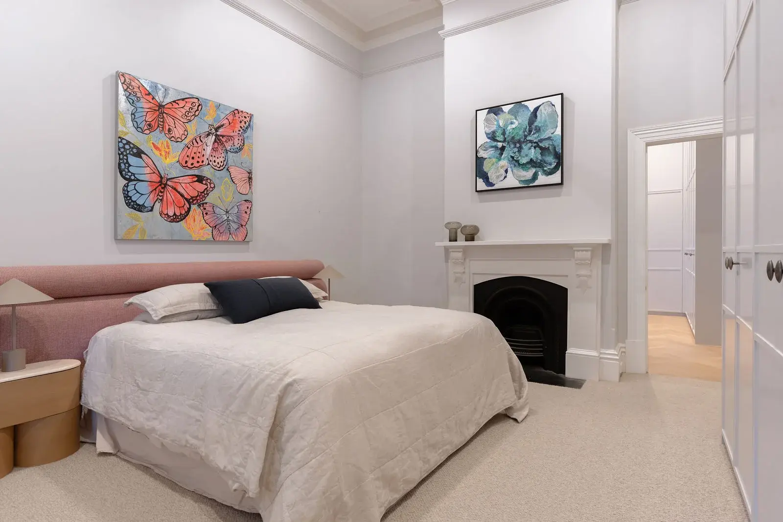 Master bedroom with upholstered bolster headboard